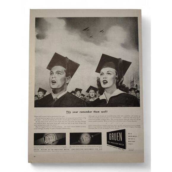 1943 Gruen Watch Print Ad Graduation Ceremony Military Aircraft 1940s Ephemera - Picture 1 of 7